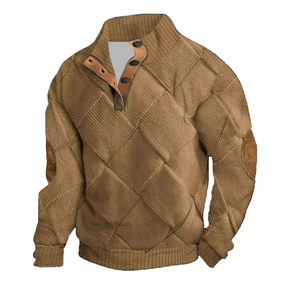 guisaled Mens Sweatshirts Knit Print 1/4 Button Up Long Sleeve Stand Collar Sweatshirt Henley Neck Loose Fit Fall Casual