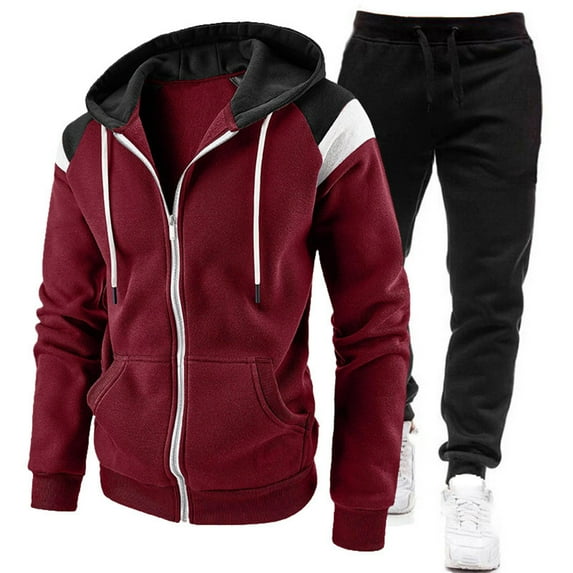 guisaled Mens Sweatsuit 2 Pieces Set Casual Jogging Athletic Hooded Tracksuits Long Sleeve Full Zip Color Blocks Workout Sportwear Outfit