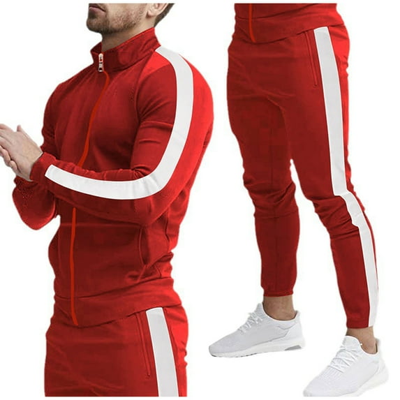 guisaled Mens Sweatsuit Set Full Zip Stand Collar Sports Jogging Suits Colors Block Patchwork Workout 2 Piece Sweatsuits with Pockets