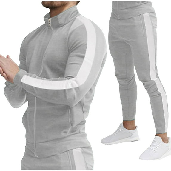 guisaled Mens Sweatsuit Set Full Zip Stand Collar Sports Jogging Suits Colors Block Patchwork Workout 2 Piece Sweatsuits with Pockets