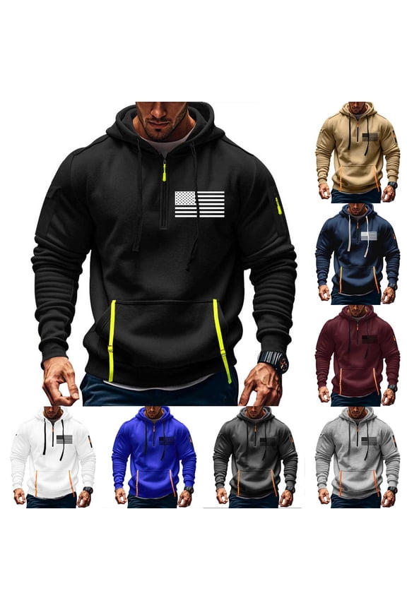 Mens Tactical Hoodie Quarter Zip Pullover Cargo Hooded Sweatshirt Vintage Long Sleeve Casual Fashion Hoodie with Pockets