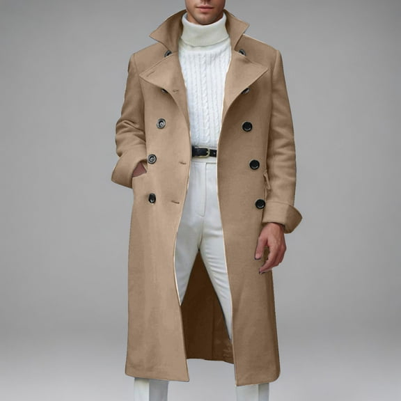 guisaled Mens Trench Coat Classic Fit Notch Lapel Double Breasted Long Trench Coats Fall Winter Windproof Casual Wool Blend Peacoat