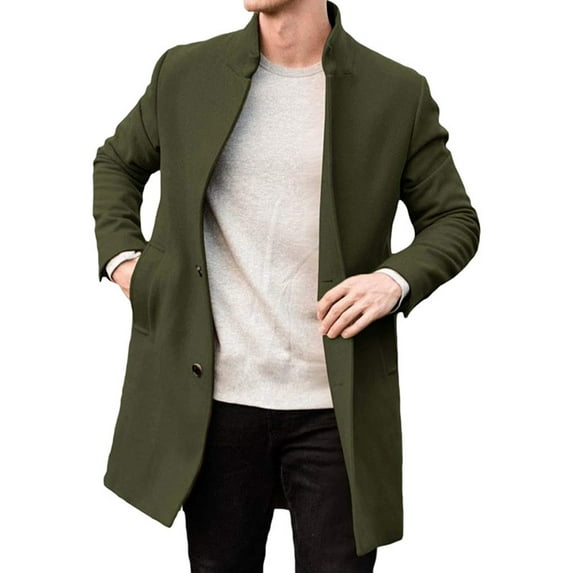 guisaled Mens Trench Coat Long Sleeve Stand Collar Single Breasted Pea Coat Casual Mid Long Slim Fit Wool Blend Overcoat with Pockets
