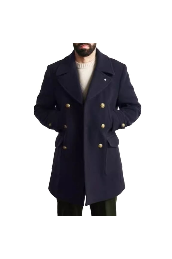 Mens Trench Coat Notch Lapel Slim Fit Double Breasted Trendy Pea Coat Wool Blend Long Solid Fall Winter Windproof Overcoat