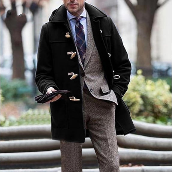 guisaled Mens Trench Coat Notch Lapel Slim Fit Double Breasted Trendy Pea Coat Wool Blend Long Solid Fall Winter Windproof Overcoat