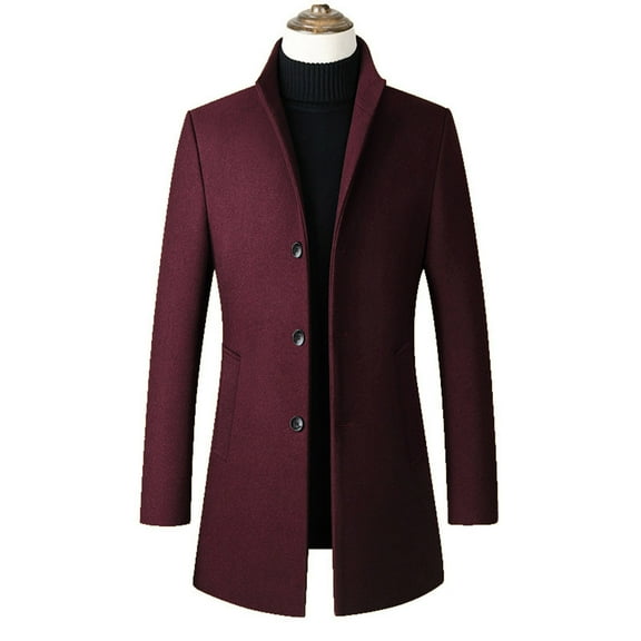 guisaled Mens Trench Coat Wool Slim Fit Notched Collar Solid Thicken Long Jacket Overcoat Single Breasted Casual Pea Coats