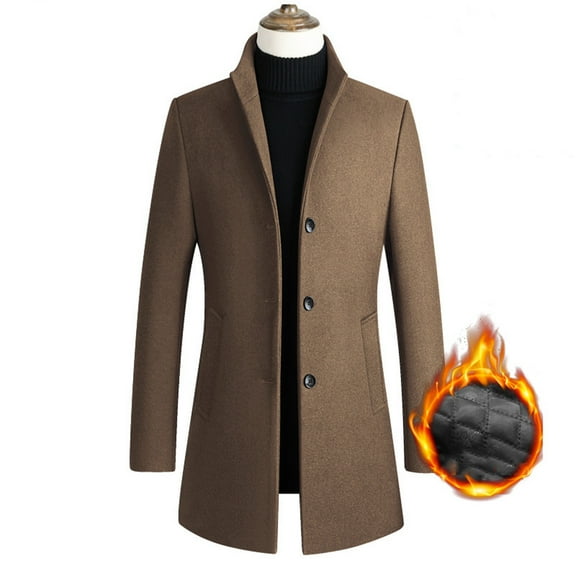 guisaled Mens Trench Coat Wool Slim Fit Notched Collar Solid Thicken Long Jacket Overcoat Single Breasted Casual Pea Coats