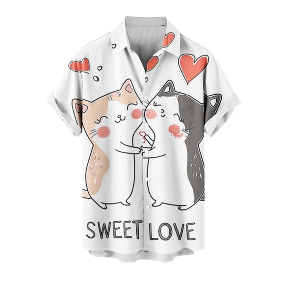 guisaled Mens Valentines Day Button Up Shirt Short Sleeve Hawaiian T Shirts Cute Cat Heart Graphic Tops Casual Beach Vacation Shirt Valentines Day s