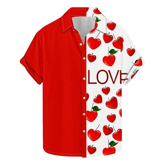 guisaled Mens Valentines Day Shirts Hawaiian Shirt Cute Heart Print Loose-Fit Short Sleeve Button Down Beach Casual Shirts Clearance On Sale