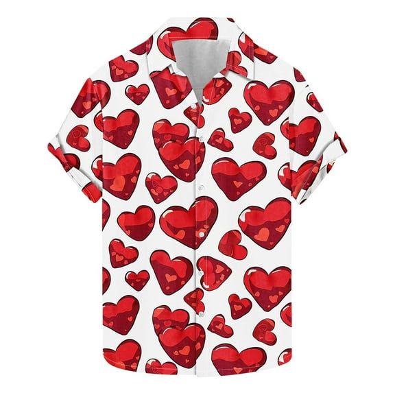 guisaled Mens Valentines Day Shirts Hawaiian Shirt Cute Heart Print Loose-Fit Short Sleeve Button Down Beach Casual Shirts