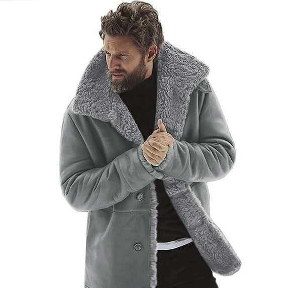 guisaled Mens Winter Coats Vintage Suede Jacket Plush Collar Faux Leather Fleece Jackets Button Down Warm Thicken Retro Trench Coat