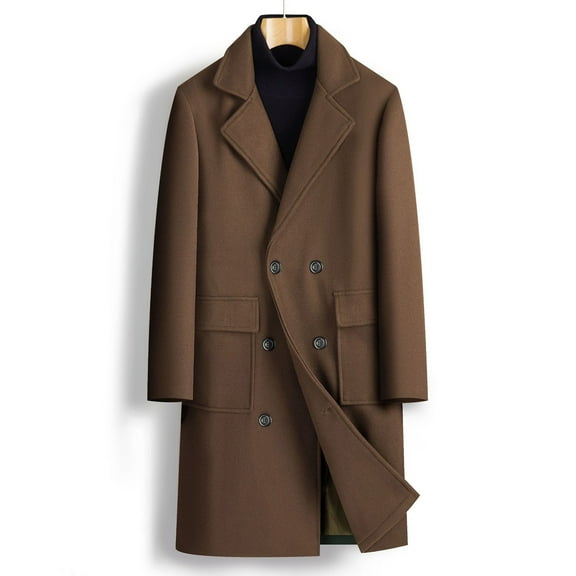 guisaled Peacoat Mens Coat Notch Lapel Double Breasted Wool Blend Long Trench Coat Warm Winter Windbreaker Overcoat with Pockets