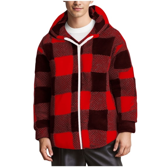 guisaled Plaid Jacket Men Hoodie Button Down Flannel Fleece Jackets Soft Warm Fuzzy Warm Winter Coats Faux Fur Sherpa Jacket