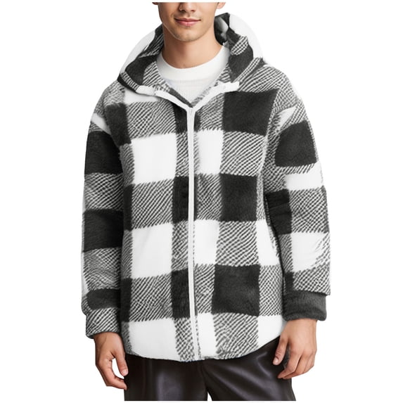 guisaled Plaid Jacket Men Hoodie Button Down Flannel Fleece Jackets Soft Warm Fuzzy Warm Winter Coats Faux Fur Sherpa Jacket