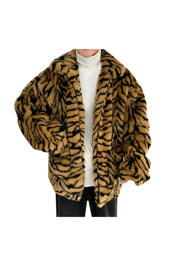 Faux Fur Jacket Men Fuzzy Fluffy Leopard Coat Long Sleeve Open Front Thicken Warm Winter Coats Short Teddy Jackets