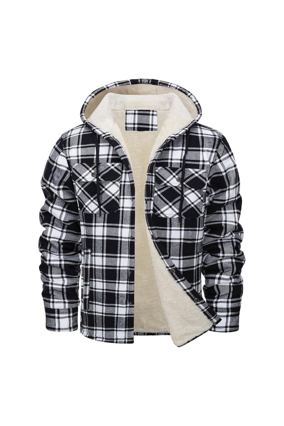 Mens Plaid Shirts Jacket Fleece Lined Flannel Casual Shirts Sherpa Button Down Thicken Heavyweight Warm Coats with Hood