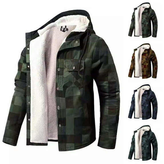 guisaled Sherpa Jacket Men Hooded Warm Thicken Fleece Lined Flannel Plaid Jackets Long Sleeve Button Down Shirt Jacket