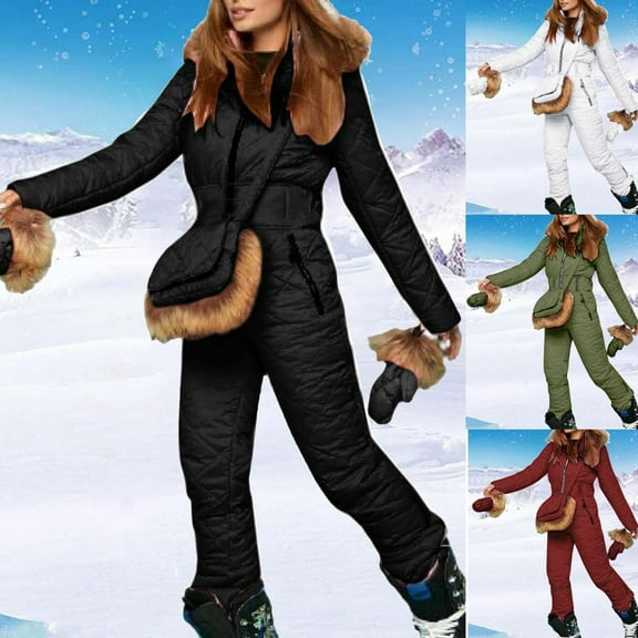 guisaled Snowsuit for Women One Piece Ski Suit Jumpsuit Onesie Outdoor Sports Waterproof Warm Snow Suits with Hood Removable Fur Collar Clothing