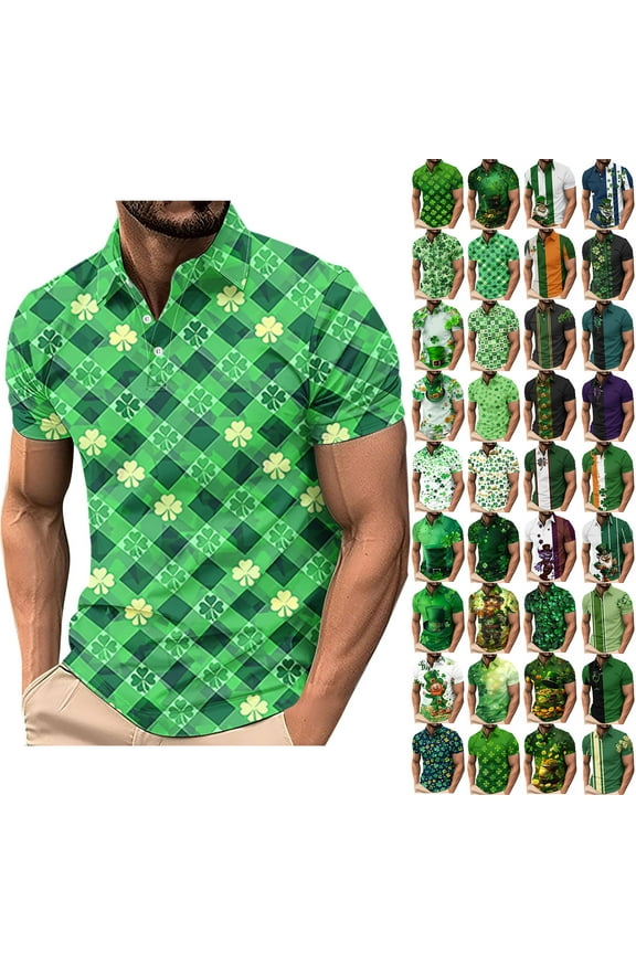 St Patricks Day Shirts Mens Short Sleeve Golf Shirt Button Henley Collared T Shirt Clover Graphic Casual Dressy Work Blouses