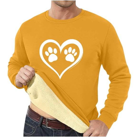 guisaled Sweatshirts Sherpa Lined for Men Thick Winter Warm Pullover Tops Warm Crewneck Heart Printed Long Sleeve Basic Sweatshirt