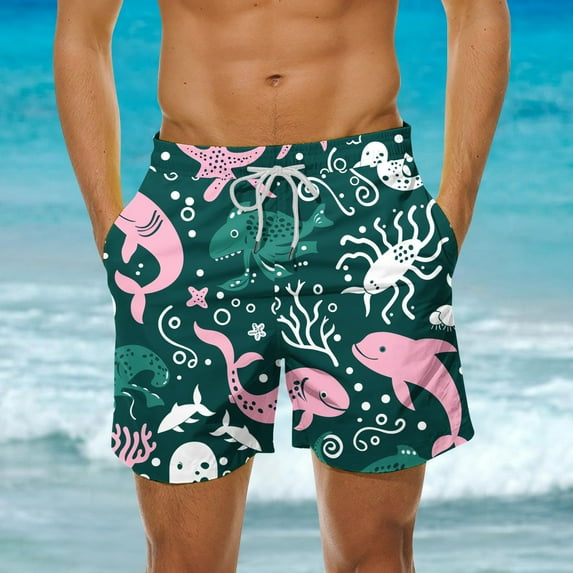 guisaled Swim Suit Men Swimming Trunks for Men Hawaiian Vacation Holiday Beach Shorts 5 Inch Inseam Elastic Waisted Swim Shorts With Pockets