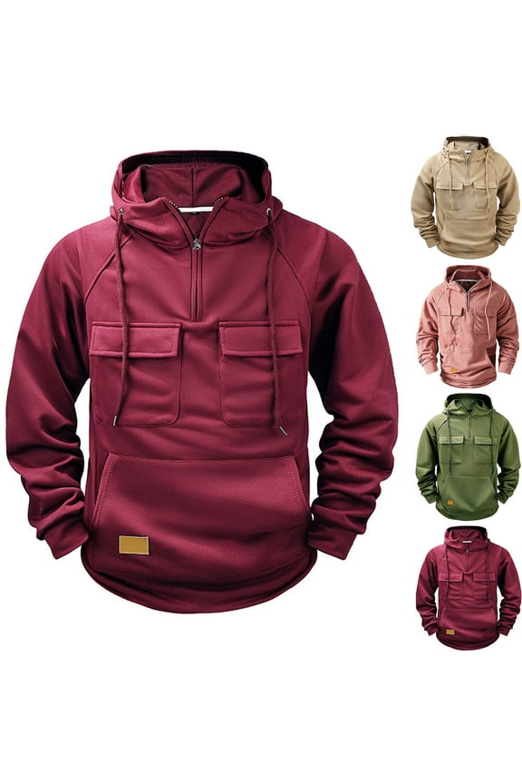 Tactical Hoodies for Men 2025 Quarter-Zip Pullover Fleece Sweatshirt Casual Long Sleeve Patchwork Cargo Hoodies with Pockets Christmas