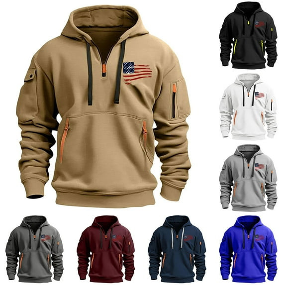 guisaled Tactical Hoodies for Men Quarter Zip Pullover Tops Long Sleeve Casual Cargo Hooded Sweatshirts American Flag Graphic Hoodies Christmas