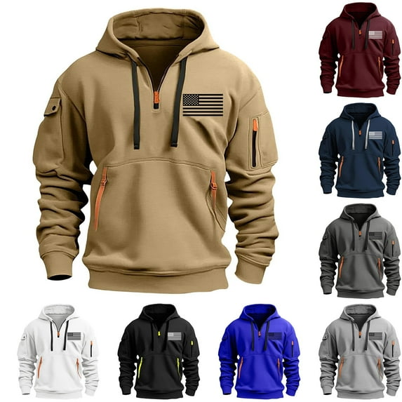 guisaled Tactical Hoodies for Men Quarter Zip Pullover Tops Long Sleeve Casual Cargo Hooded Sweatshirts American Flag Graphic Hoodies Christmas
