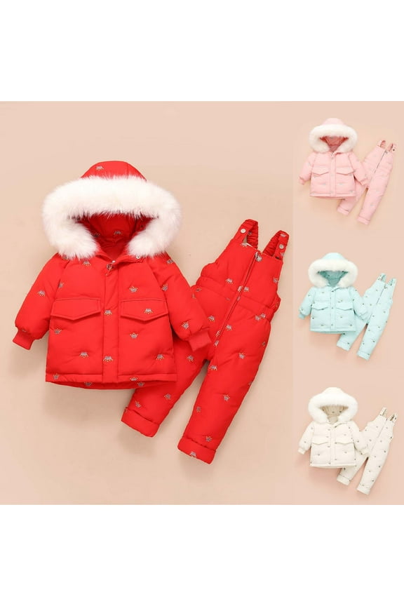 Toddler Snow Suit for Girl Baby Winter Snow Bib Pant and Puffer Jackets Warm Snowsuit Hooded Lightweight 2 Piece Kids Ski Suits