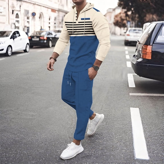 guisaled Tracksuit 2 Piece Set for Men Quarter Button Sweatsuit Workout Fashion Stripe Printed Hoodies Jogging Pants Suit Set