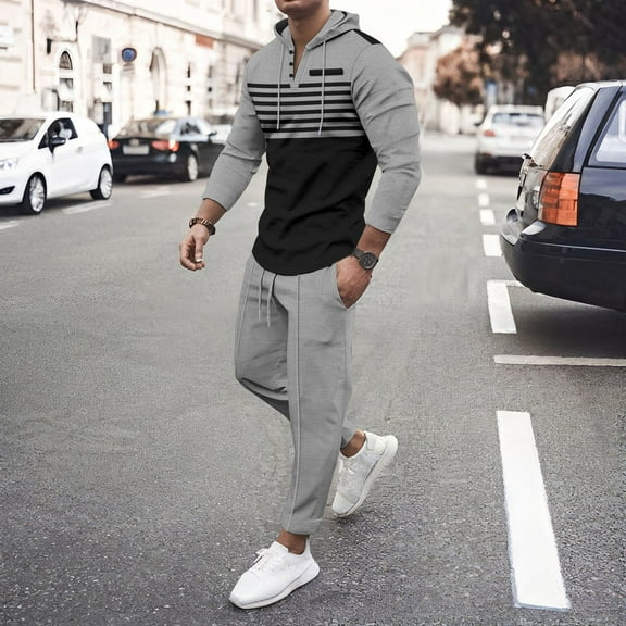guisaled Tracksuit 2 Piece Set for Men Quarter Button Sweatsuit Workout Fashion Stripe Printed Hoodies Jogging Pants Suit Set