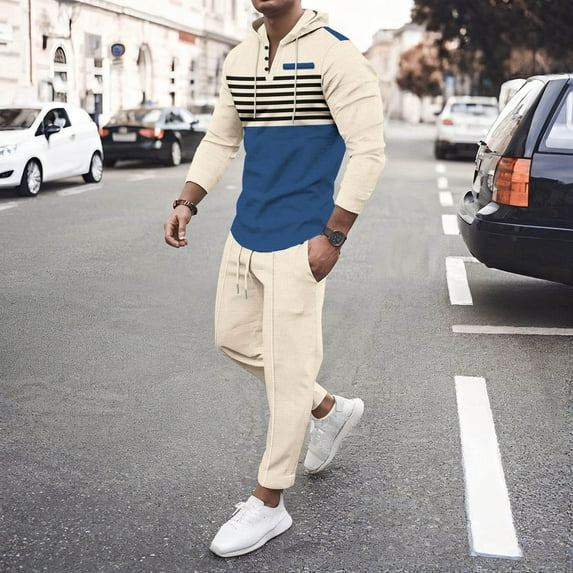 guisaled Tracksuit 2 Piece Set for Men Quarter Button Sweatsuit Workout Fashion Stripe Printed Hoodies Jogging Pants Suit Set