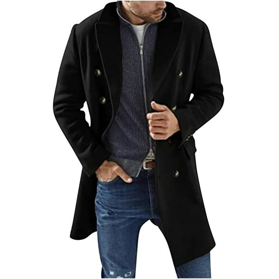 guisaled Trench Coat Men Waterproof Stand Collar Single Breasted Long Pea Coats Solid Casual Wool Blend Windbreaker Jackets with Pockets