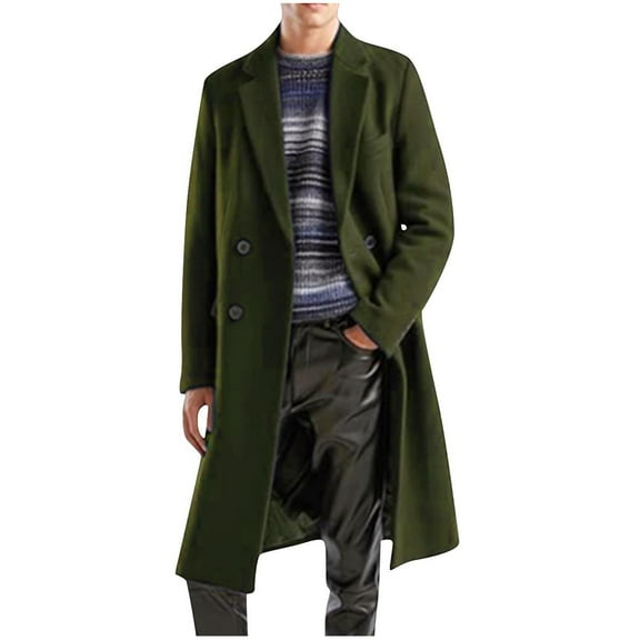 guisaled Trench Coat for Men 2025 Notch Lapel Long Jacket Double Breasted Classic Fit Fall Winter Woo Blend Peacoat Overcoat