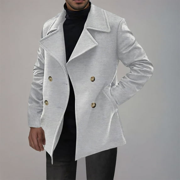 guisaled Trench Coat for Men Notch Lapel Double Breasted Long Windbreaker Jackets Solid Casual Wool Blend Peacoat with Pockets