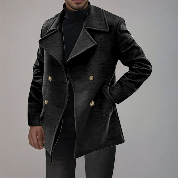 guisaled Trench Coat for Men Notch Lapel Double Breasted Long Windbreaker Jackets Solid Casual Wool Blend Peacoat with Pockets