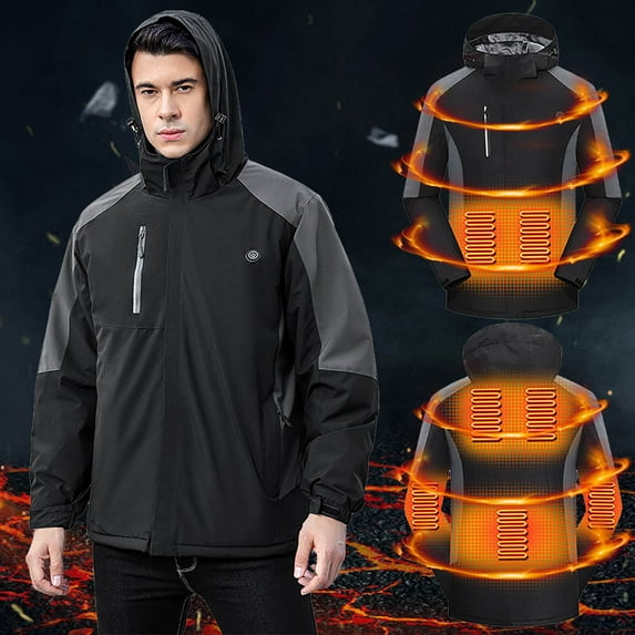 guisaled Trendy Heated Jacket for Men Hooded Solid Zipper Soft Shell Warm Coats Waterproof Winter Heated Hunting Outerwear