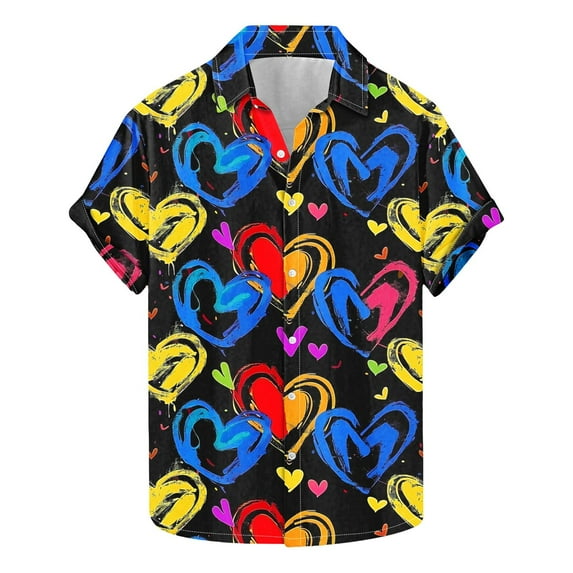 guisaled Valentine Shirts For Men Fashion Heart Pinted Graphic Tee Shirts Short Sleeve Button Down Beach Vacation Casual Shirts Valentine'S Day s