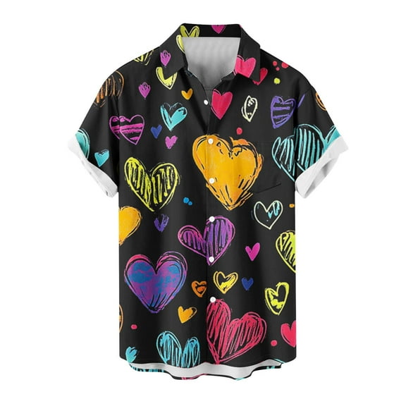 guisaled Valentine's Day Hawaiian Shirt For Men Relaxed Fit Short Sleeve Button Down Shirts Cute Heart Print Vacation Dating Tops Clearance On Sale