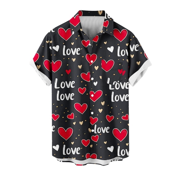 guisaled Valentines Day Shirt for Men, Short Sleeve Button Down Shirts Vacation Party Shirt heart Printed Hawaiian Beach Casual Shirts