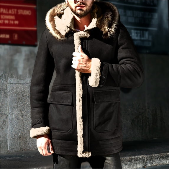 guisaled Winter Coats for Mens Fleece Lined Thickened Warm Long Jackets Padded Hood Windproof Plus Size Trendy Parka with Pockets