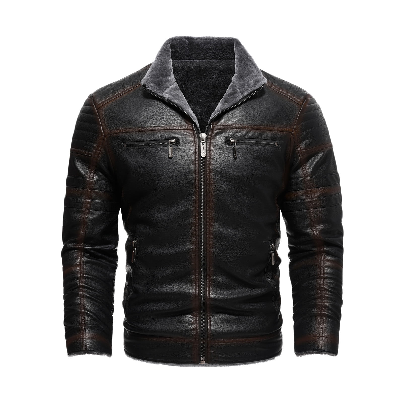 guisaled Winter Jackets for Men 2025 Sherpa Fleece Lined Faxu Leather Jackets Zip Up Lapel Cargo Military Thick Warm Coats