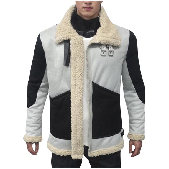 guisaled Winter Jackets for Men 2025 Fuzzy Fleece Liend Warm Coats Open Front Patchwork Faux Suede Jackets Thicken Sherpa Jacket Outwear
