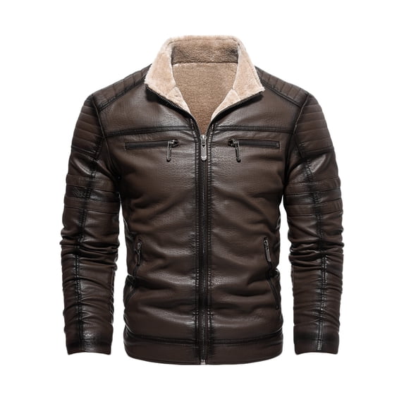 guisaled Men's Leather Jacket Lapel Fleece Lined Winter Warm Zip-Up Motorcycle Coat Fashion Solid Color Thickened Windproof Jackets