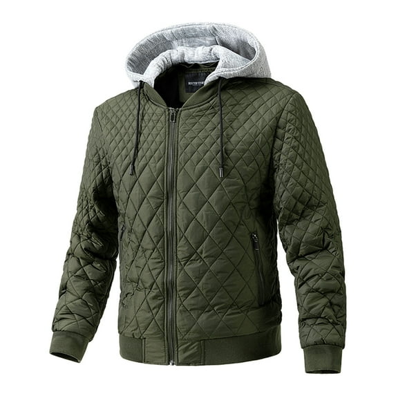 guisaled Winter Jackets for Men Diamond Quilted Lightweight Packable Warm Down Coats Padded Solid Hooded Zipper Cotton Outerwear