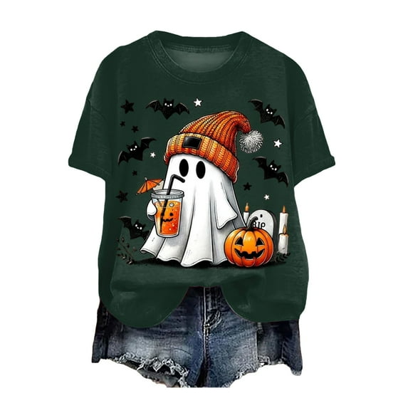 guuuGxd Halloween Womens Shirt Fall Doodles Crew Neck Shirt Funny Family Party Celebration Short Sleeve Halloween T-Shirts for Women Pumpkin Graphic Tops Dark Green,S