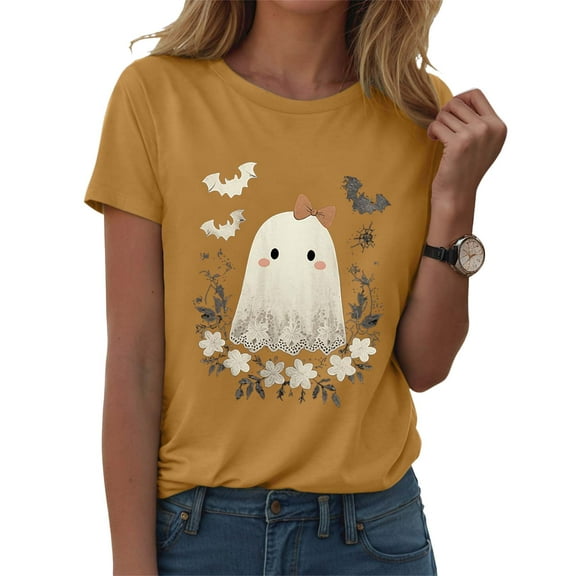 guuuGxd Halloween Womens Shirt Fall Doodles Crew Neck Shirt Funny Family Party Celebration Short Sleeve Halloween Tshirts Women Pumpkin Graphic Tops Yellow,M