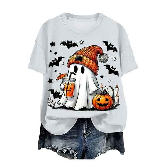 guuuGxd Halloween Womens Shirt Fall Tee Shirt Funny Graphic Clothes Halloween Tshirts Women White,XL