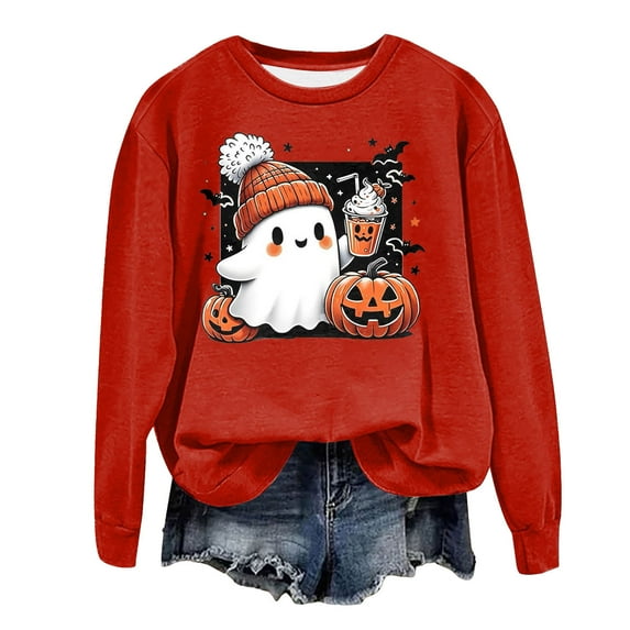 guuuGxd Sweatshirt for Women Halloween Ghost Pumpkin Sweatshirt Cute Spooky Season Sweater Fall Graphic Crewneck Pullover Red,XL