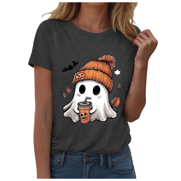 guuuGxd Woman Halloween Shirt Fall Doodles Crew Neck Shirt Funny Family Party Celebration Short Sleeve Halloween T Shirt Women Pumpkin Graphic Tops Grey,L